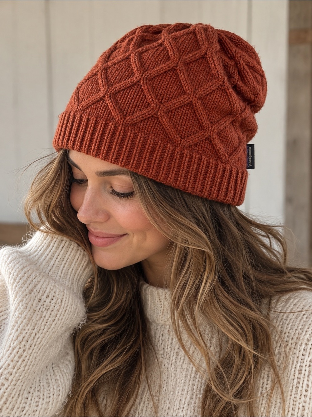 Patagonia Honeycomb Knit Beanie Rust Orange Textured Wool Blend